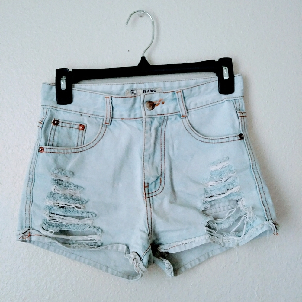 90's style light wash destroyed High Waist Shorts